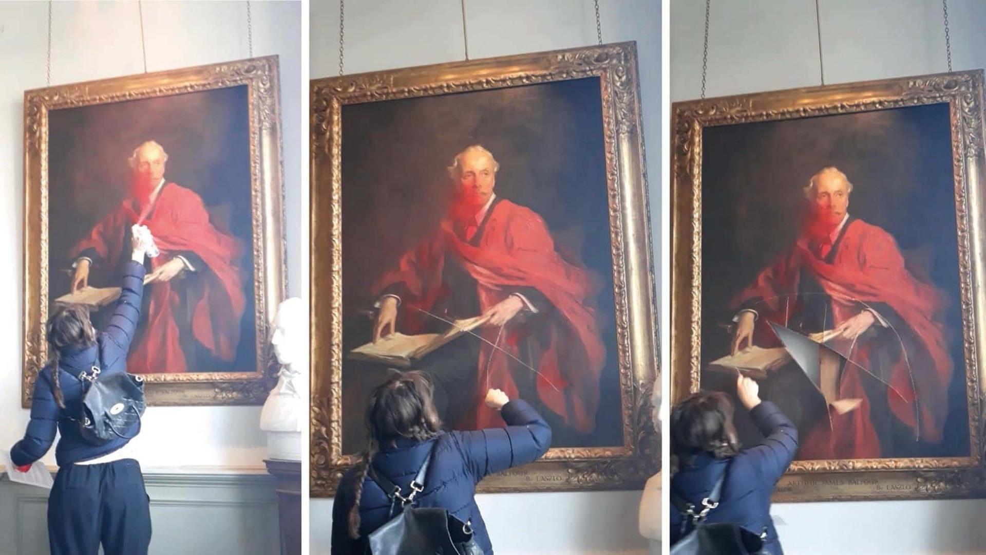 Das Foto zeigt drei Bilder. Auf dem ersten besprüht eine Frau ein hstorisches Porträt von Lord Arthur Balfour. Auf dem zweiten schneidet sie in das Gemälde. Auf dem dritten Bild ist ein klaffender Riss in dem Gemälde zu sehen. 