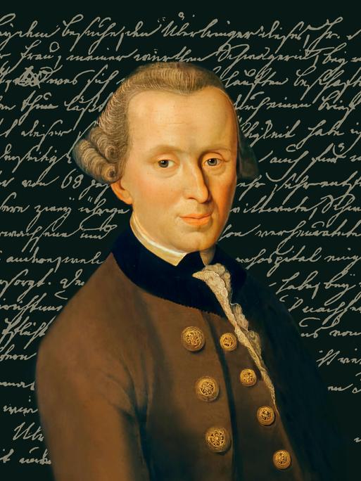 Eine Abbildung des Philosophen Immanuel Kant (1724 - 1804) vor einer Schrift. 