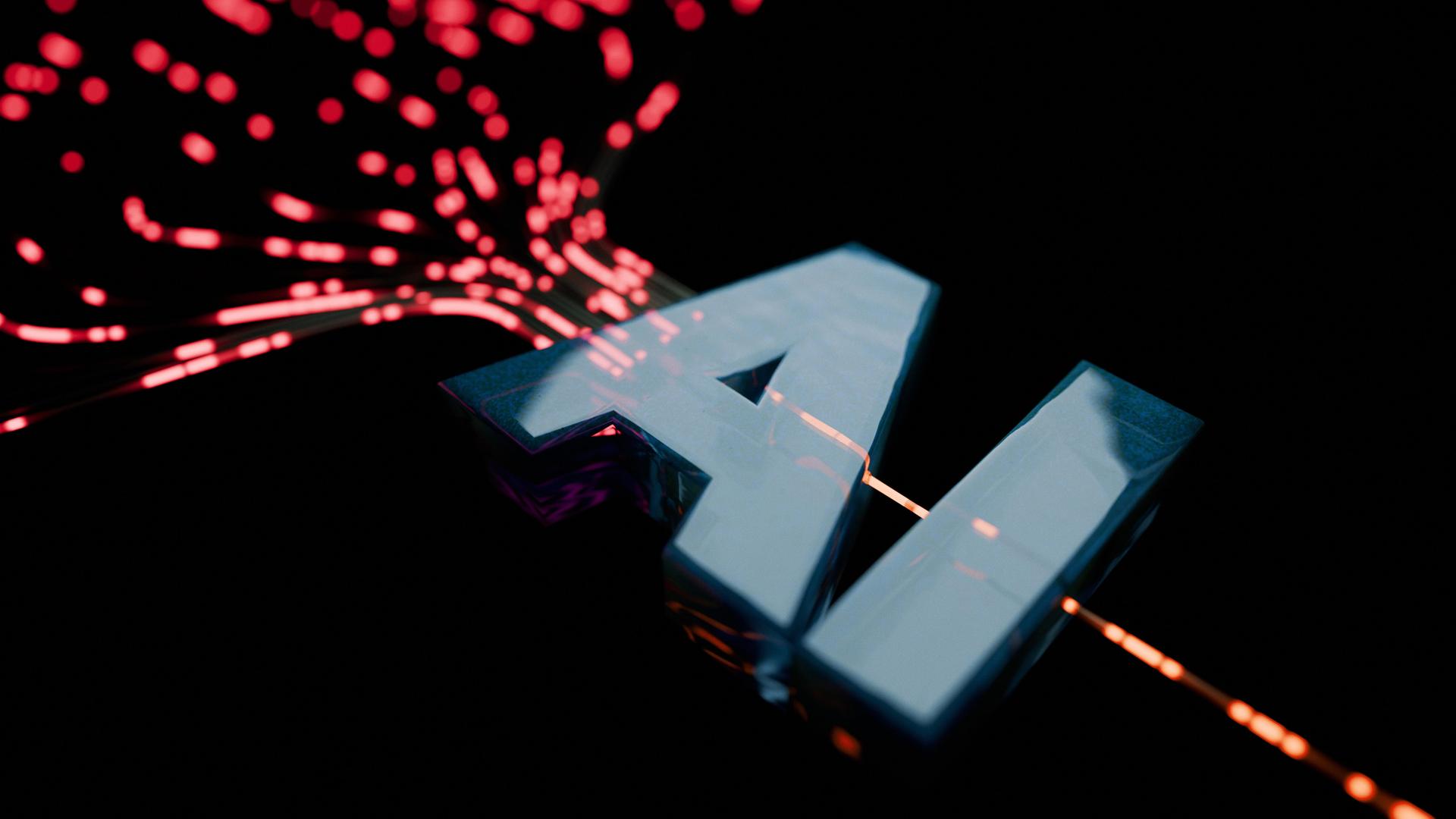 Digitaler Datenstrom, der zu einem futuristischen, leuchtend grünen KI-Text auf einem dunklen Hintergrund fließt. Die Grafik stellt maschinelles Lernen, neuronale Netzwerke und fortschrittliche Technologie im digitalen Zeitalter dar.