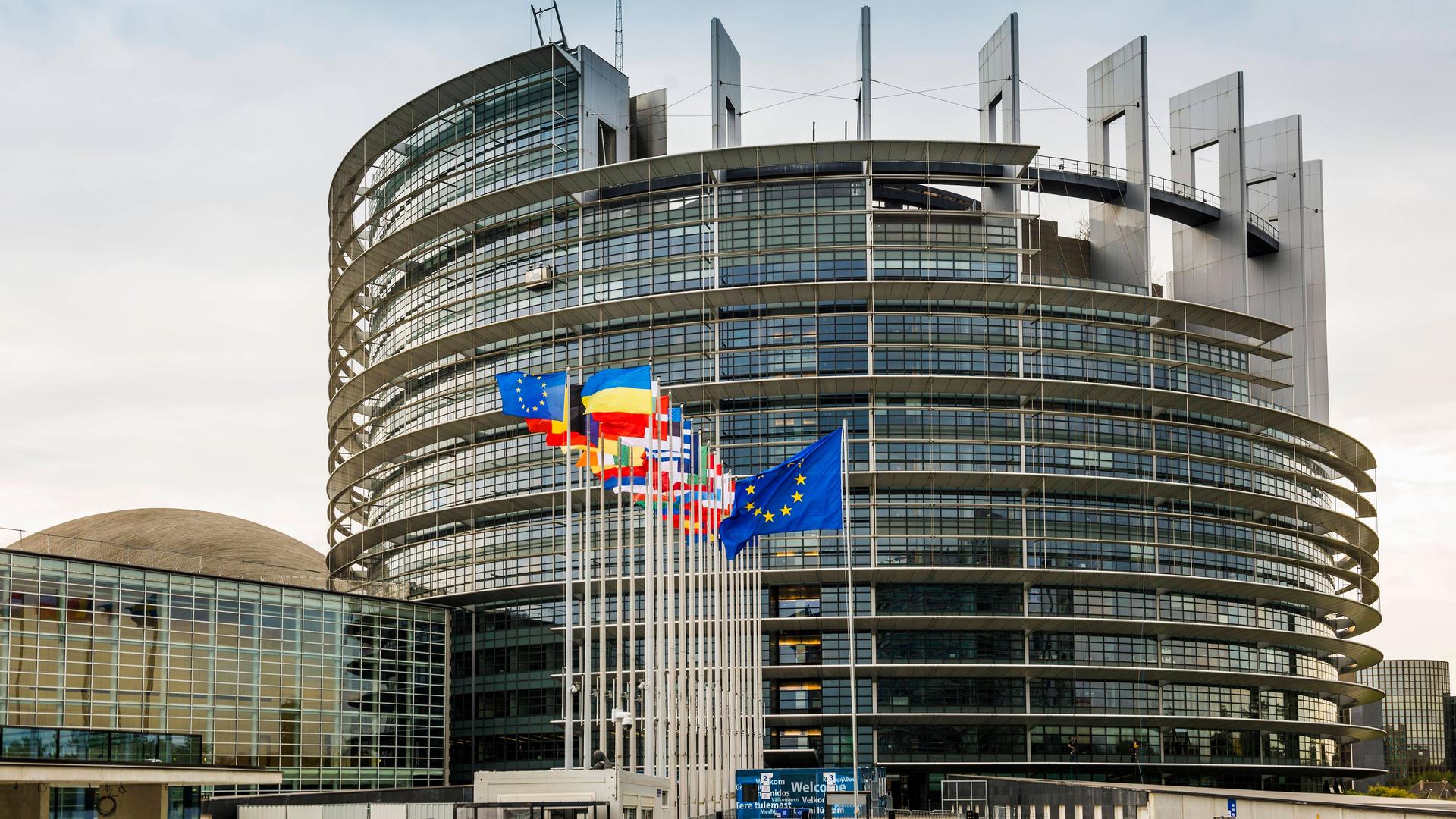 Flaggen im Wind vor dem Europäischen Parlament in Straßburg.