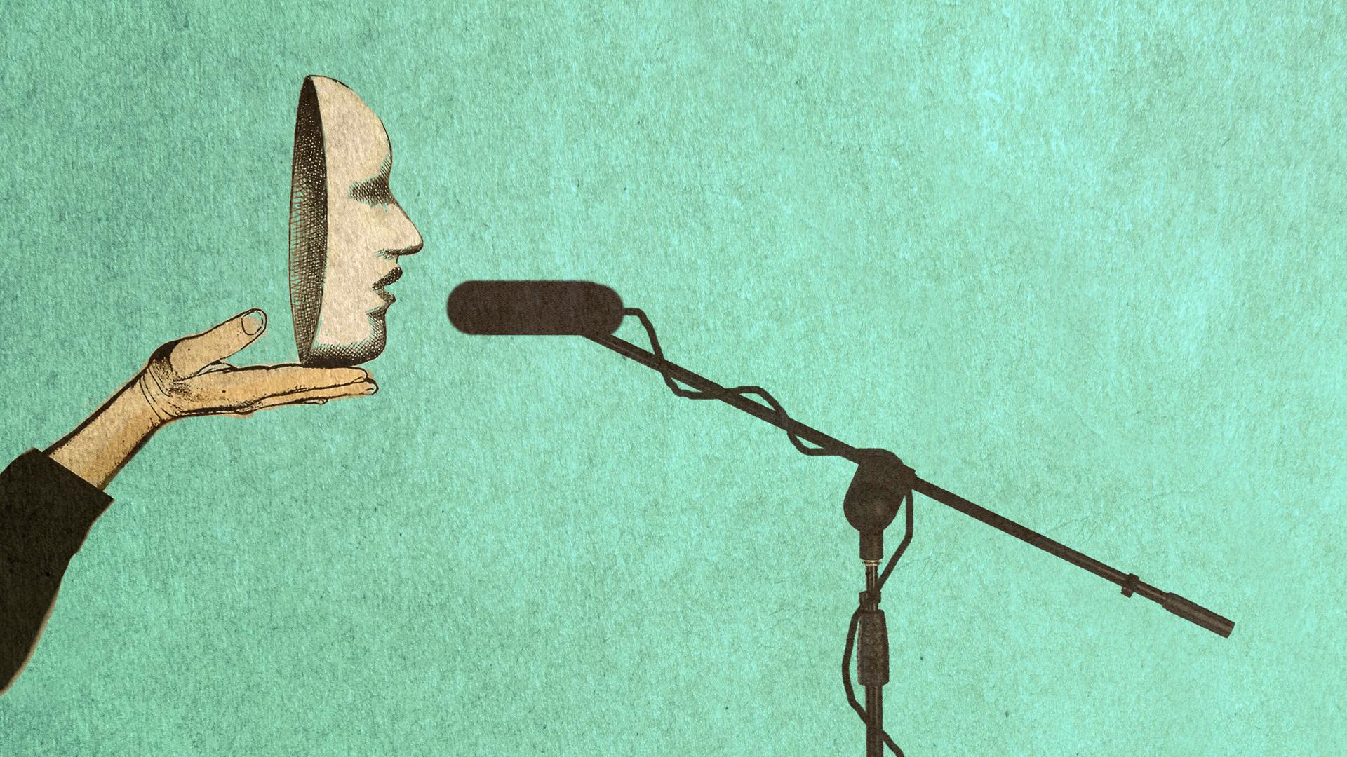 Die Illustration zeigt eine Hand, die eine Maske vor ein Mikrofon hält.