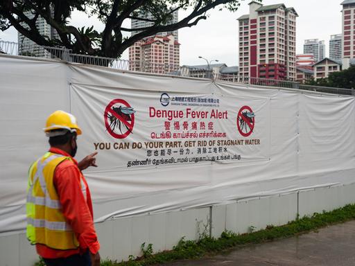 Ein Arbeiter geht in einer Wohngegend an einer Baustelle vorbei, an deren Bauzaun ein großes Transparent vor der Gefahr der Ansteckung mit Dengue-Fieber durch Moskitos warnt, da diese stehendes Wasser, wie es auf Baustellen vorkommt, als Brutstätten nutzen Ein Arbeiter geht in einer Wohngegend an einer Baustelle vorbei, an deren Bauzaun ein großes Transparent vor der Gefahr der Ansteckung mit Dengue-Fieber durch Moskitos warnt, da diese stehendes Wasser, wie es auf Baustellen vorkommt, als Brutstätten nutzen