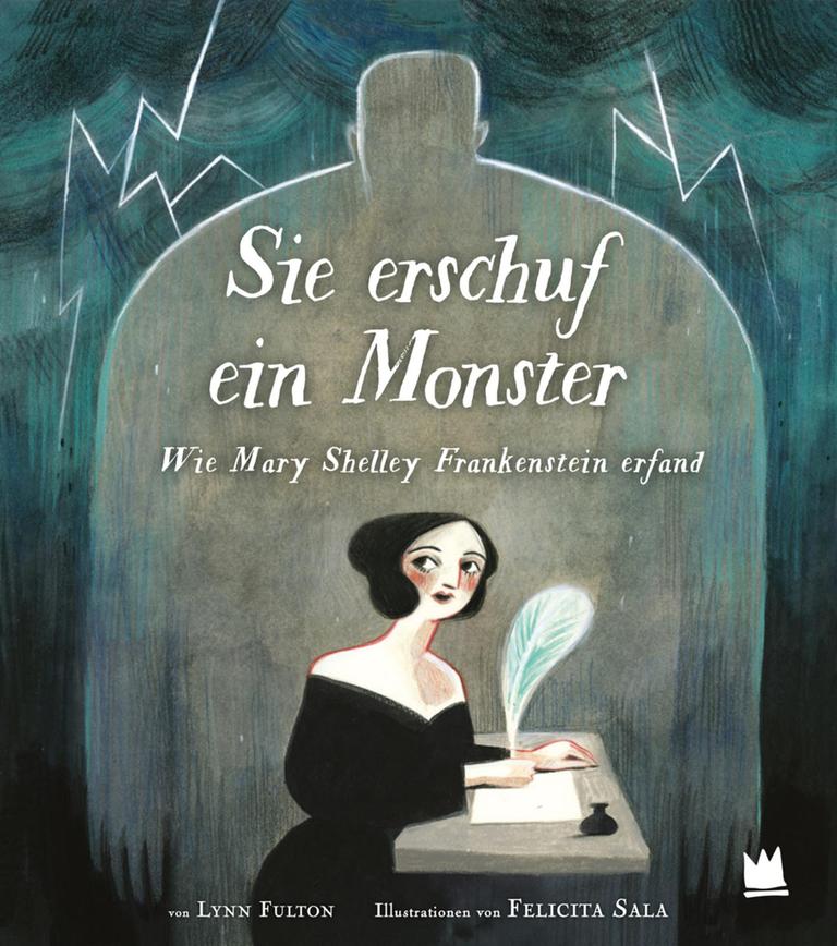 Das Cover zeigt eine naiv anmutende Zeichnung von Mary Shelley, die per Hand an einem Text schreibt. Im Hintergrund ist über ihr der schattenhafte Umriss von Frankensteins Monster zu sehen.
