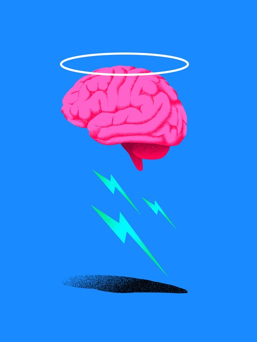 Die Illustration zeigt ein Gehirn, darüber schwebt ein Kranz, darunter befinden sich Blitze.