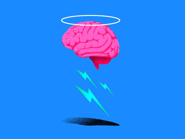 Die Illustration zeigt ein Gehirn, darüber schwebt ein Kranz, darunter befinden sich Blitze.