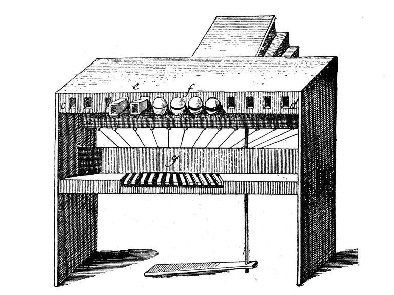 Die Sprachmaschine oder der Sprachapparat von Wolfgang von Kempelen im ersten Entwicklungsstadium.