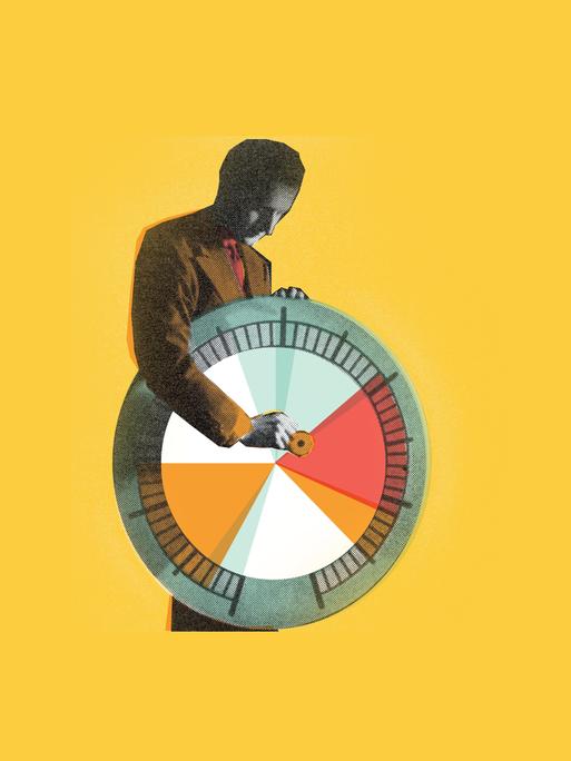 Illustration eines Mannes im Anzug, der einen Pfeil auf eine Dartscheibe setzt.