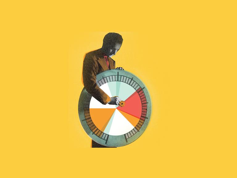 Illustration eines Mannes im Anzug, der einen Pfeil auf eine Dartscheibe setzt.