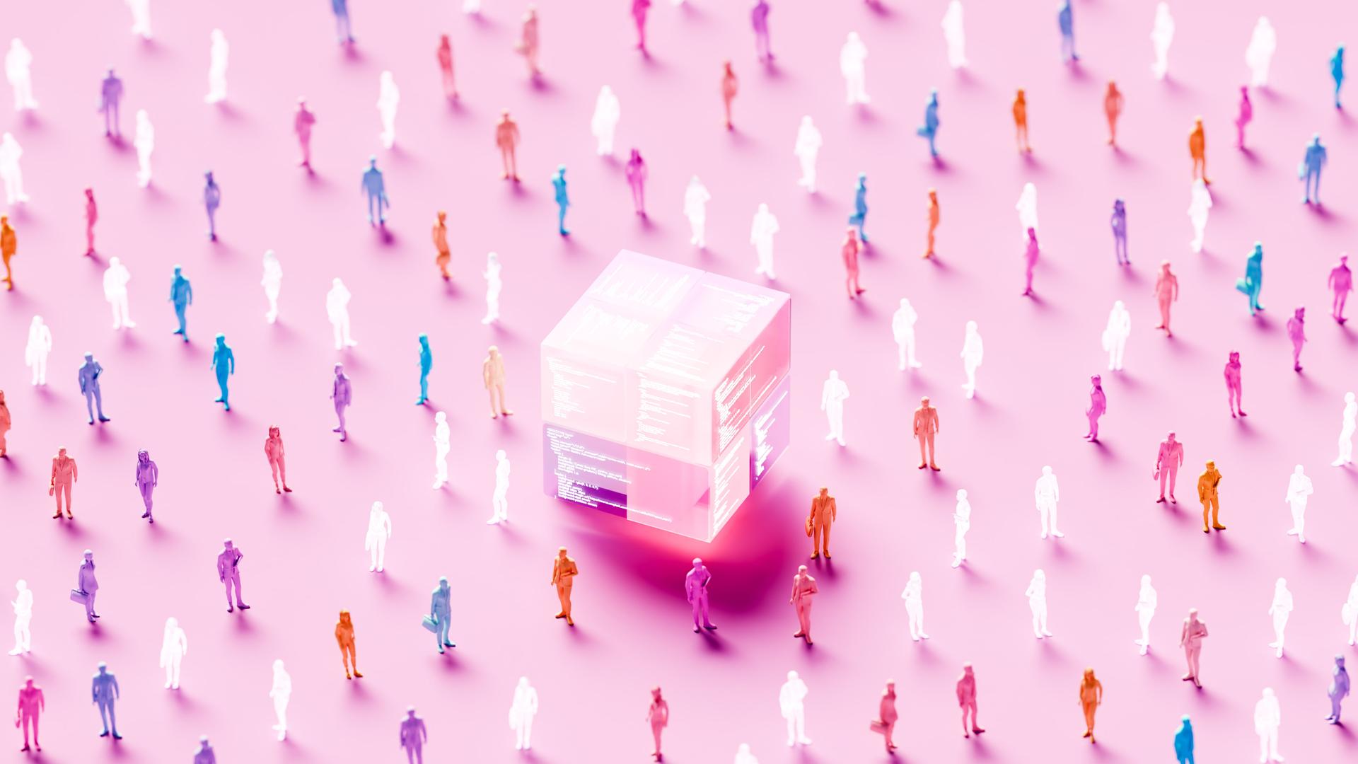 Digital gerenderte Illustration einer Menschenmenge, die um einen großen Datenwürfel herumsteht Digital gerenderte Illustration einer Menschenmenge, die um einen großen Datenwürfel herumsteht