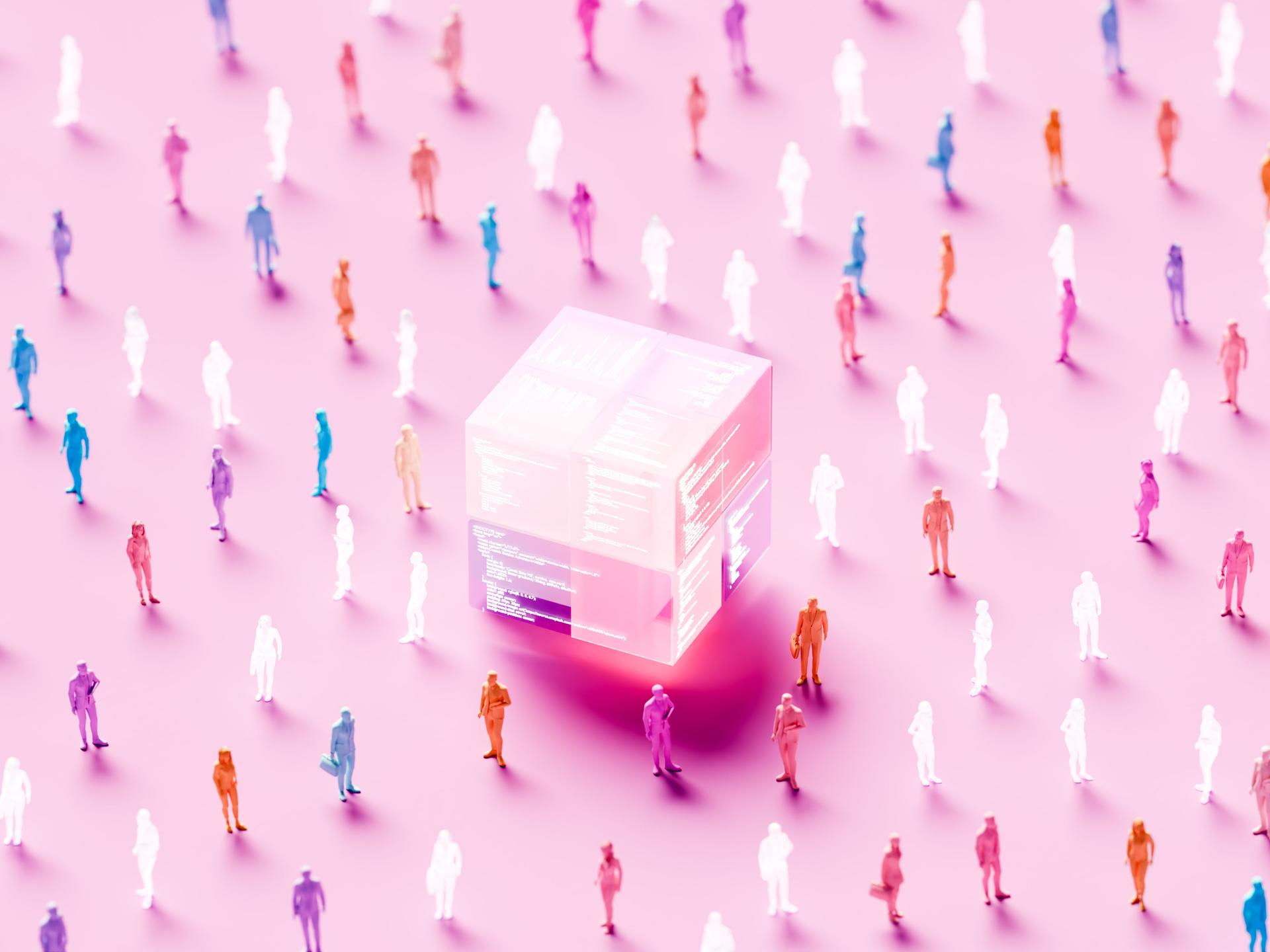 Digital gerenderte Illustration einer Menschenmenge, die um einen großen Datenwürfel herumsteht Digital gerenderte Illustration einer Menschenmenge, die um einen großen Datenwürfel herumsteht