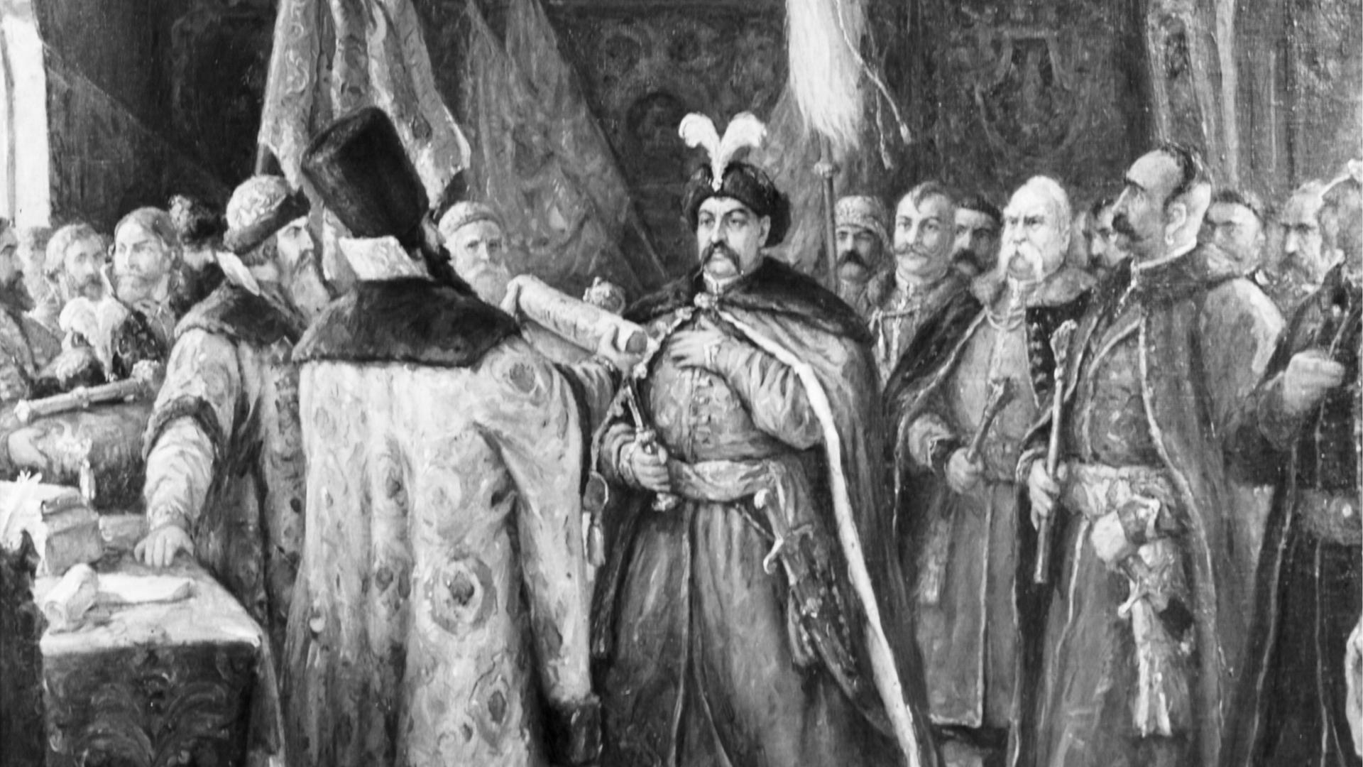 Malerei: Bohdan Chmelnyzkyj treibende Kraft hinter dem Vertrag von Perejaslaw, der Bohdans Gemeinwesen unter den Schutz des Zarentums Russland stellte.