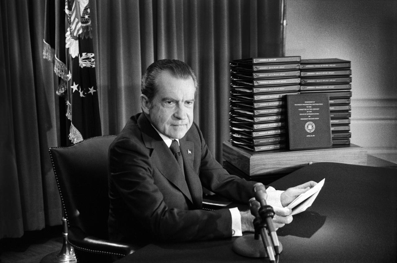January 19, 2021, Washington, DC, USA: U.S. President Richard Nixon during his Television Address to the Nation regarding releasing Watergate Tape Transcripts, White House, Washington, D.C., USA, Warren K. Leffler, April 29, 1974 Washington USA - ZUMAg145 20210119_zza_g145_014 Copyright: xJTxVintagex