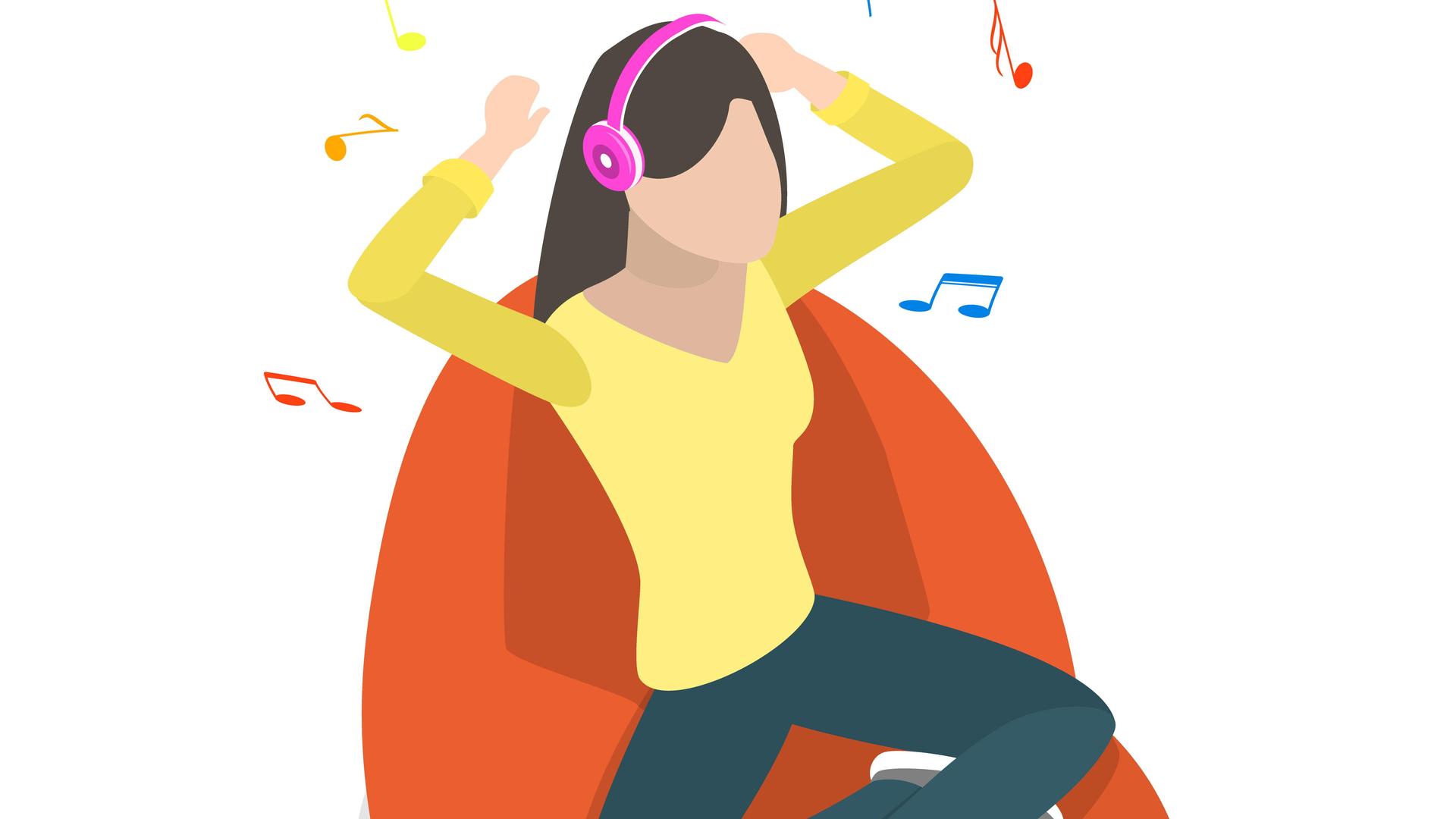 3D-Illustration einer weiblichen Person, die auf einem großen Sitzsack sitzt und Musik über Kopfhörer hört, drumherum sind Musik-Noten zu sehen