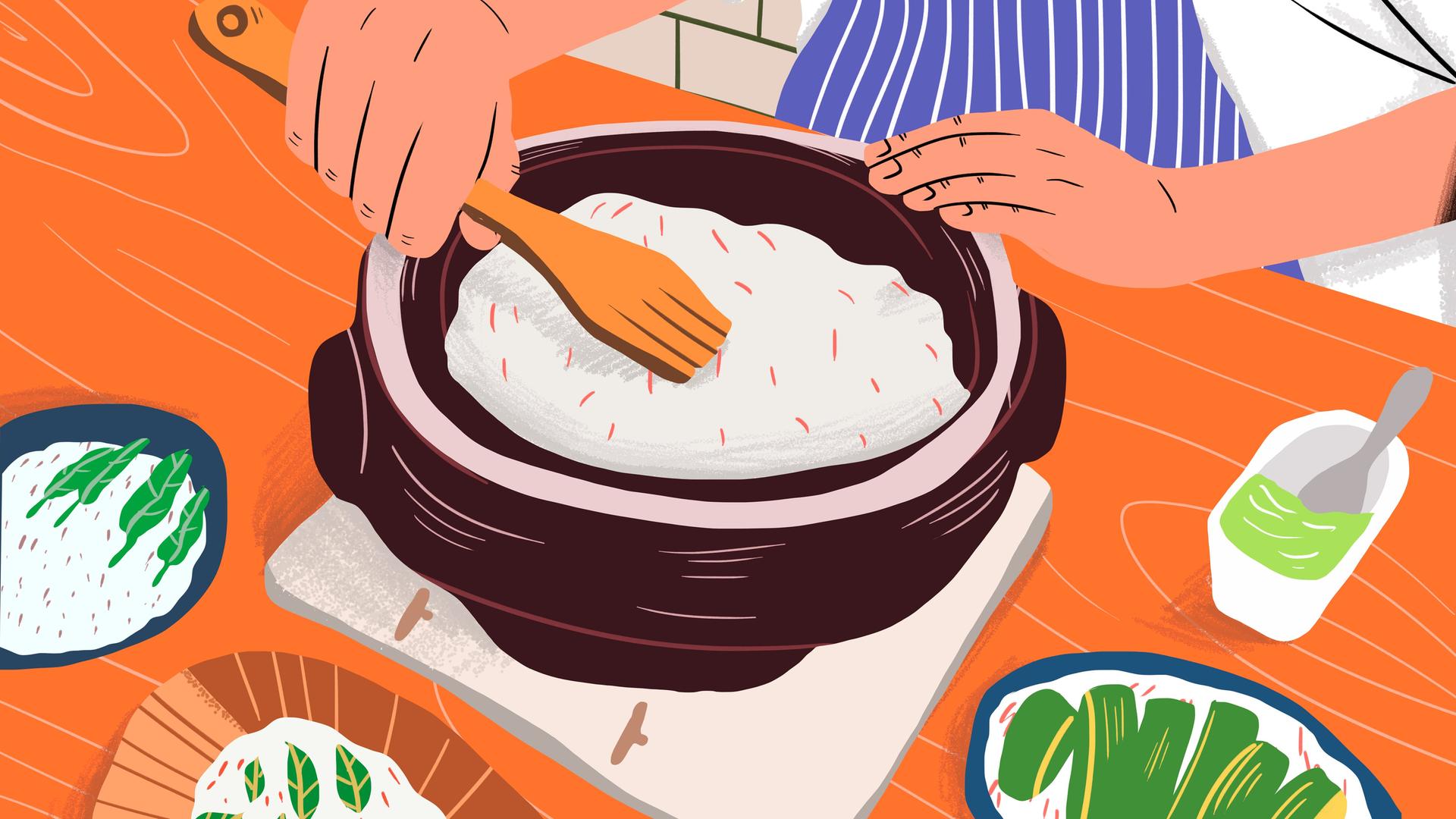 Unbekannte Person bei der Zubereitung von gedämpftem Reis in der Küche zu Hause