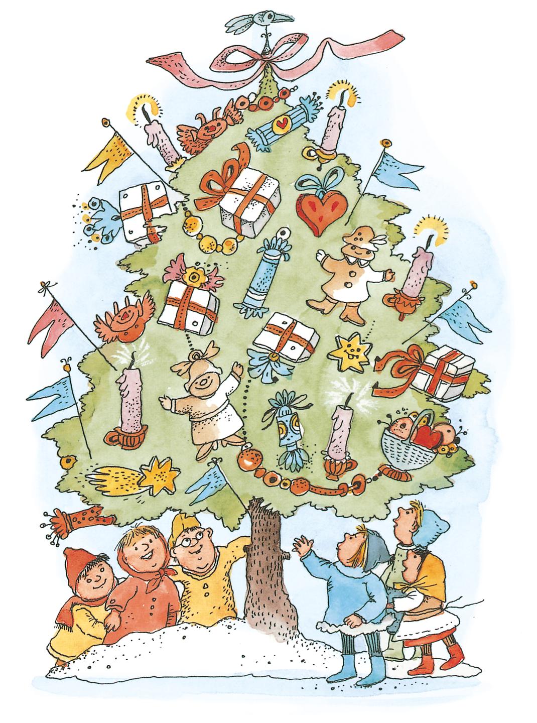 Illustration von zwei Erwachsenen und vier Kinder, die vor einem üppig geschmückten Weihnachtsbaum im Schnee stehen und staunen