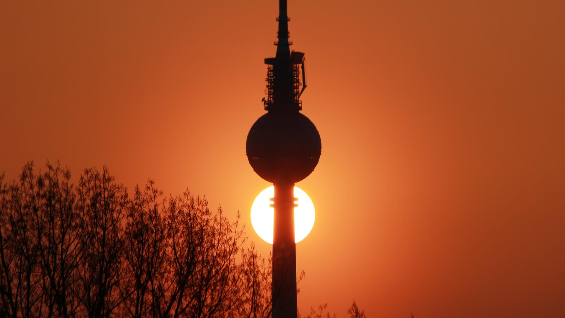 Der Berliner Fernsehturm vor der untergehenden Sonne, die tiefrot am Himmel steht.