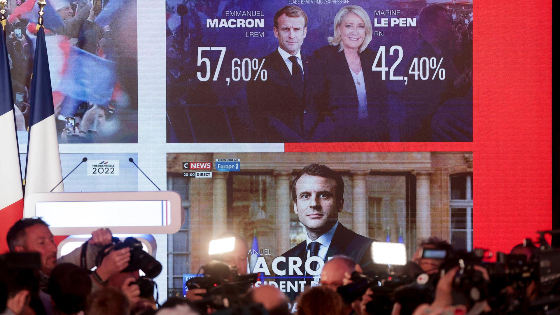 Die Präsentation der Wahlergebnisse der zweiten Runde der Präsidentschafstwahlen in Frankreich am 24.04.2022 im Hauptquartier der Kandidatin der RN (Rassemblement National)