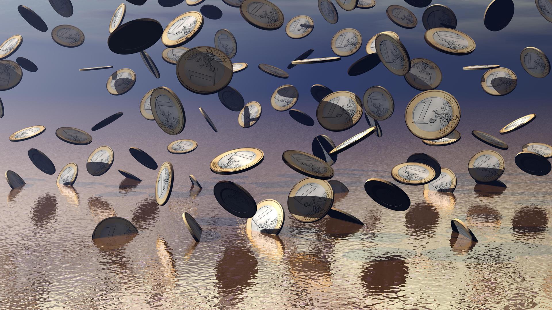 Euro-Münzen regnen herab und verschwinden in einer digitalen Sphäre.