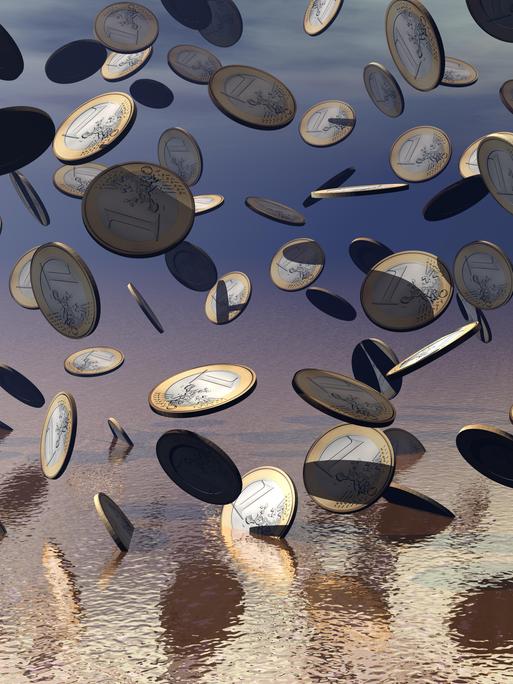 Euro-Münzen regnen herab und verschwinden in einer digitalen Sphäre.