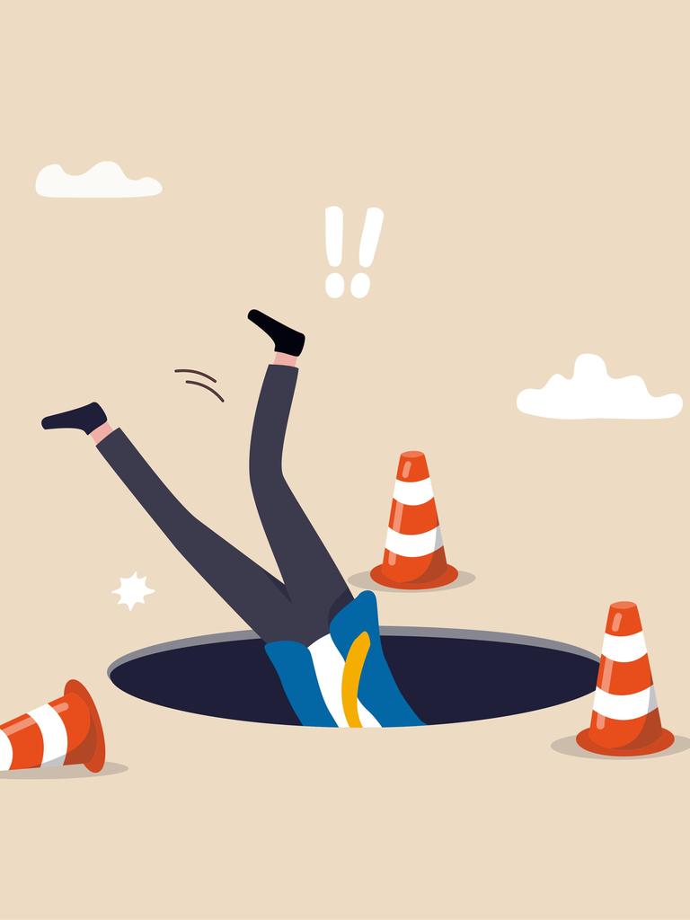 Eine Illustration zeigt einen offenen Gulli, aus dem Männerbeine herausschauen. Eine Illustration zeigt einen offenen Gulli, aus dem Männerbeine herausschauen.