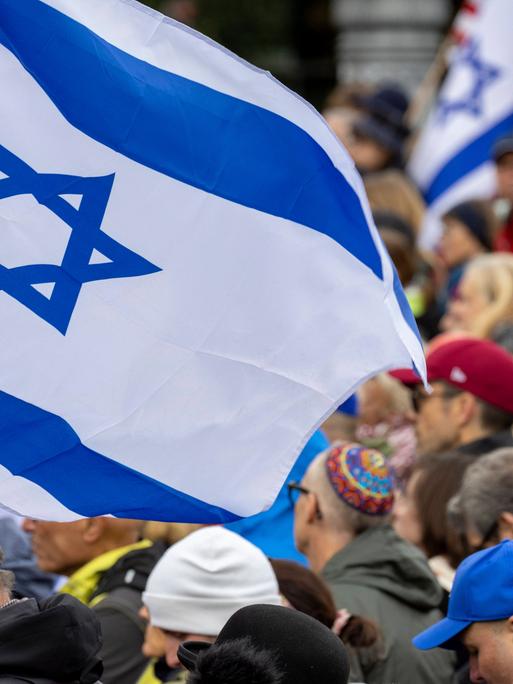 Menschen stehen nebeinander bei einer Kundgebung, einge tragen israelische Flaggen.