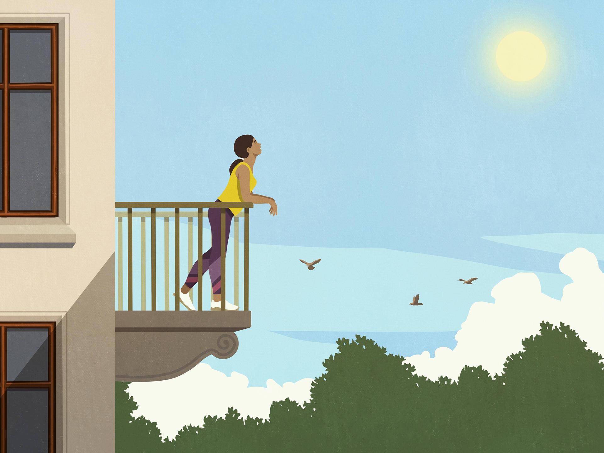 Grafik: Eine Frau steht bei Sonnenschein auf einem Balkon