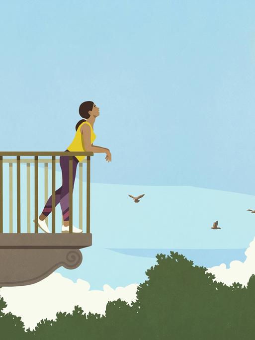 Grafik: Eine Frau steht bei Sonnenschein auf einem Balkon