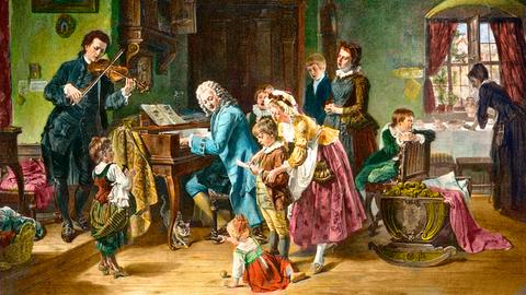 Der Komponist Johann Sebastian Bach German auf einem historischen Farbstich von Toby Rosenthal (1848-1917)