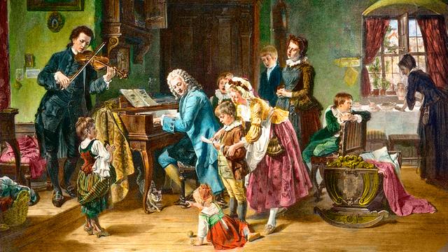 Der Komponist Johann Sebastian Bach German auf einem historischen Farbstich von Toby Rosenthal (1848-1917)