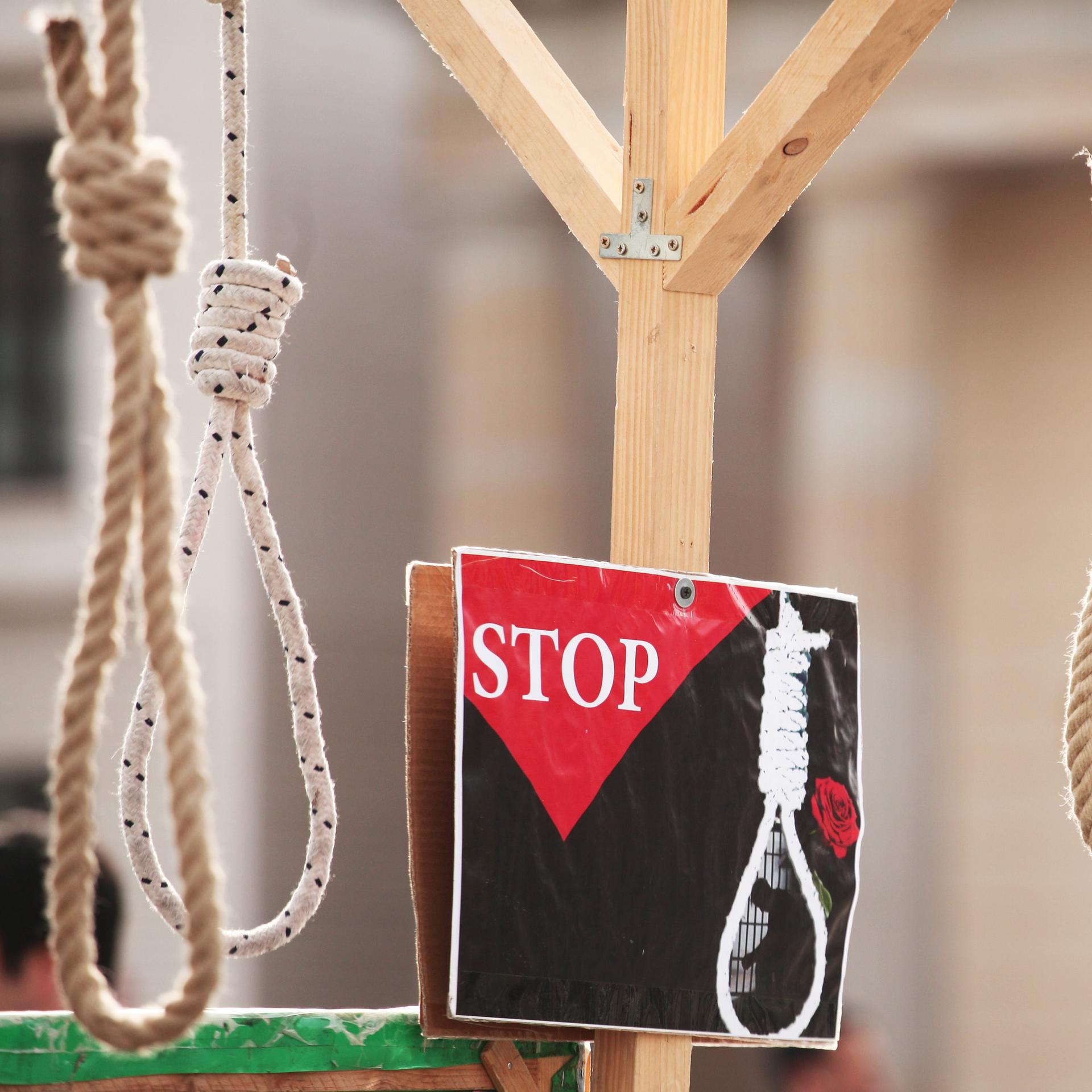 Bei einer Aktion gegen Folter und Todesstrafe im Iran vor dem Brandenburger Tor in Berlin hängen symbolisch Henkersschlingen von einem Galgen. Daneben ist ein Schild mit einer Rose, einer Schlinge und der Aufschrift "Stop" zu sehen. 