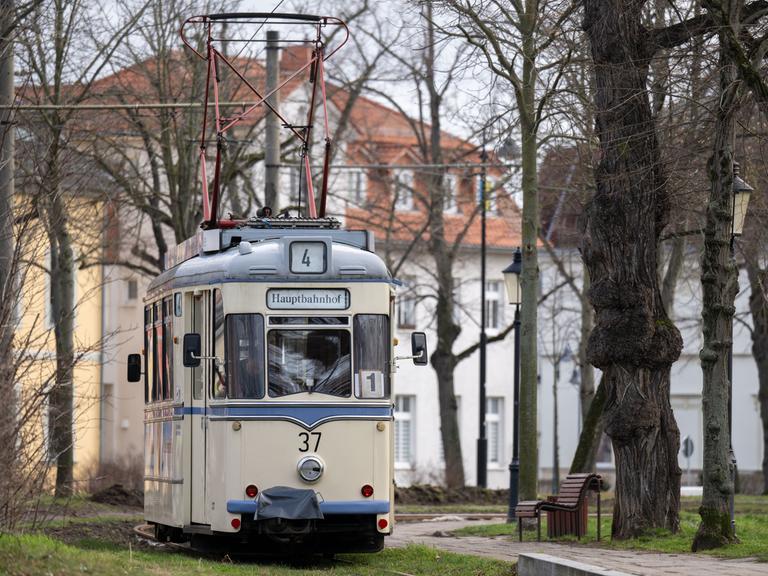 Ein Triebwagen der Straßenbahn Naumburg fährt durch die Stadt. 