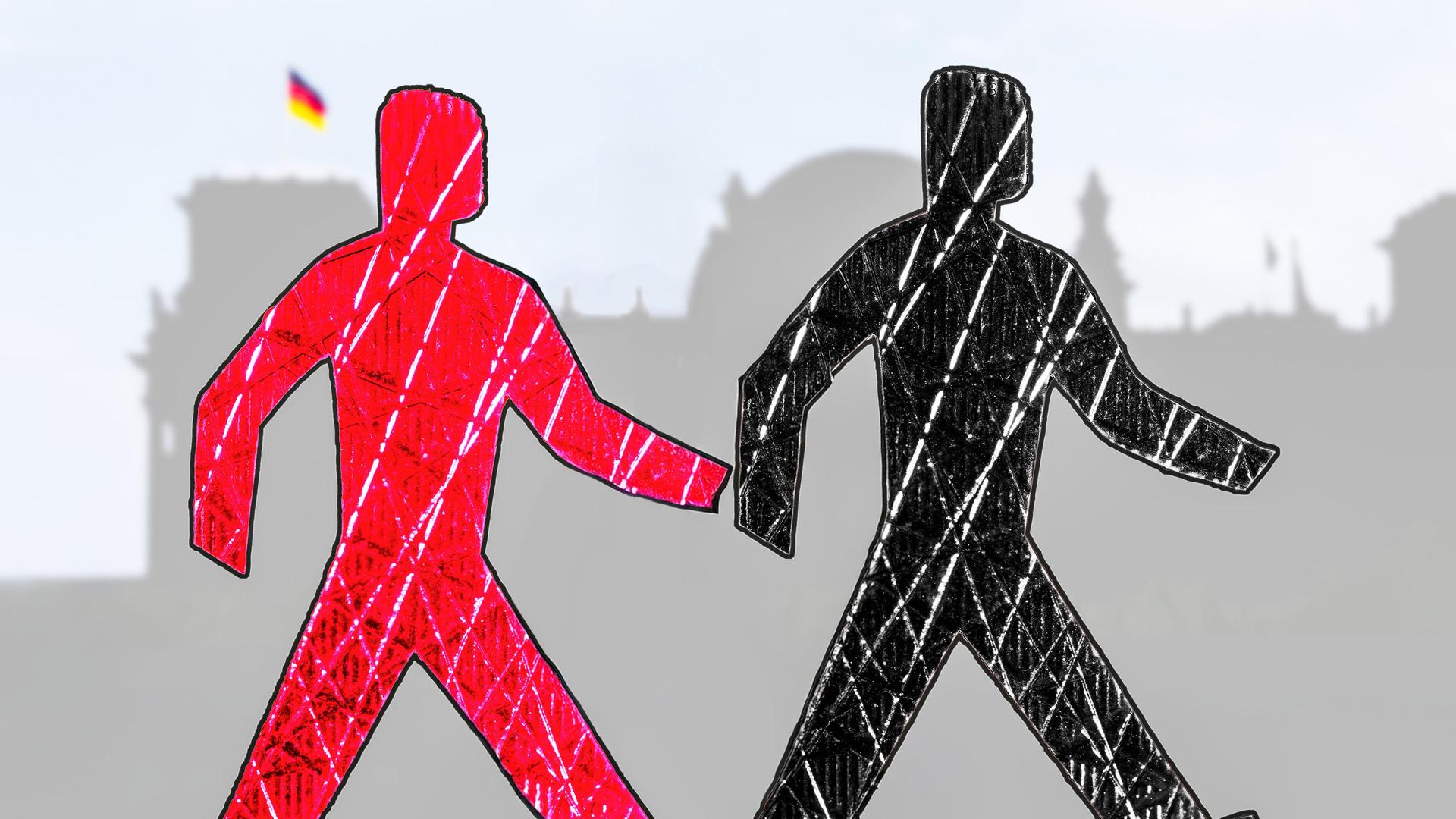 Schwarz-rote Ampelmännchen, Symbolfoto für eine Große Koalition aus CDU/CSU und SPD, vor der Silhouette des Reichstag Schwarz-rote Ampelmännchen, Symbolfoto für eine Große Koalition aus CDU/CSU und SPD, vor der Silhouette des Reichstag