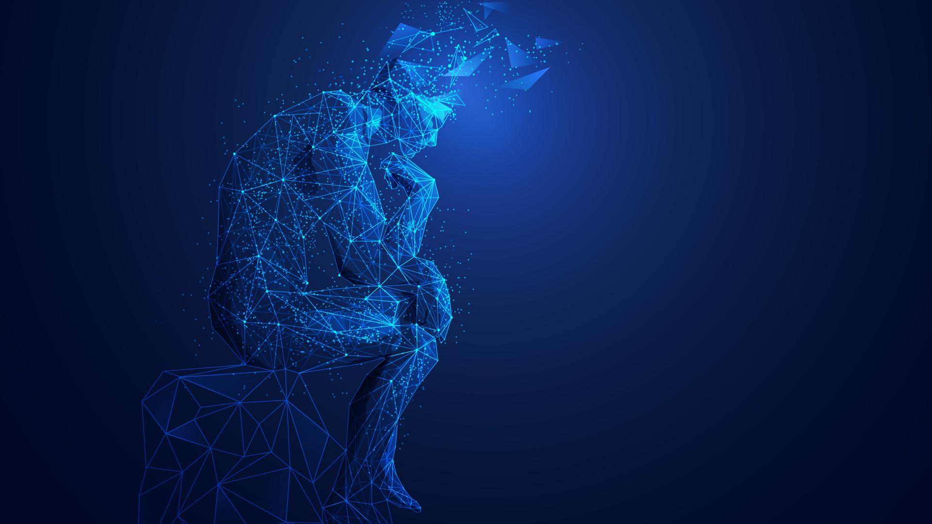 Figur einer denkenden Person, die von einem digitalen Drahtgitter überzogen wird.