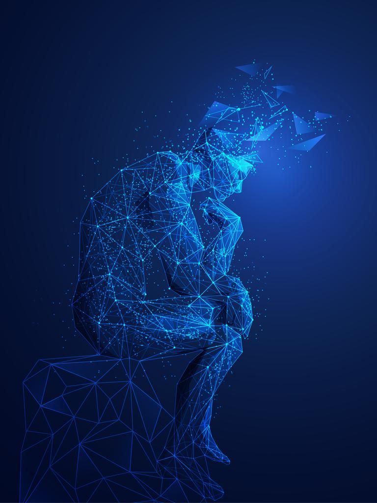 Figur einer denkenden Person, die von einem digitalen Drahtgitter überzogen wird