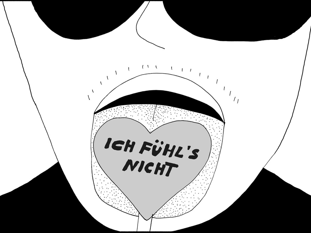 Illustration aus der Graphic Novel von Liv Strömquist: Eine Person mit Sonnenbrille und herausgestreckter Zunge. Auf der Zunge liegt ein Herz. Darauf die Aufschrift: "Ich fühl's nicht".