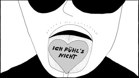 Illustration aus der Graphic Novel von Liv Strömquist: Eine Person mit Sonnenbrille und herausgestreckter Zunge. Auf der Zunge liegt ein Herz. Darauf die Aufschrift: "Ich fühl's nicht".