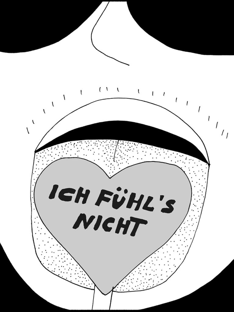 Illustration aus der Graphic Novel von Liv Strömquist: Eine Person mit Sonnenbrille und herausgestreckter Zunge. Auf der Zunge liegt ein Herz. Darauf die Aufschrift: "Ich fühl's nicht". Illustration aus der Graphic Novel von Liv Strömquist: Eine Person mit Sonnenbrille und herausgestreckter Zunge. Auf der Zunge liegt ein Herz. Darauf die Aufschrift: "Ich fühl's nicht".