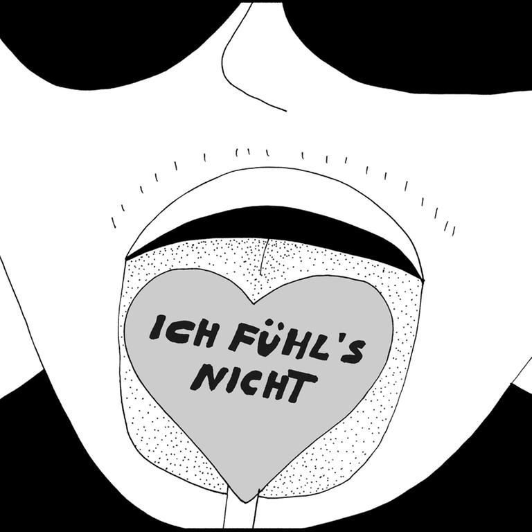 Illustration aus der Graphic Novel von Liv Strömquist: Eine Person mit Sonnenbrille und herausgestreckter Zunge. Auf der Zunge liegt ein Herz. Darauf die Aufschrift: "Ich fühl's nicht".