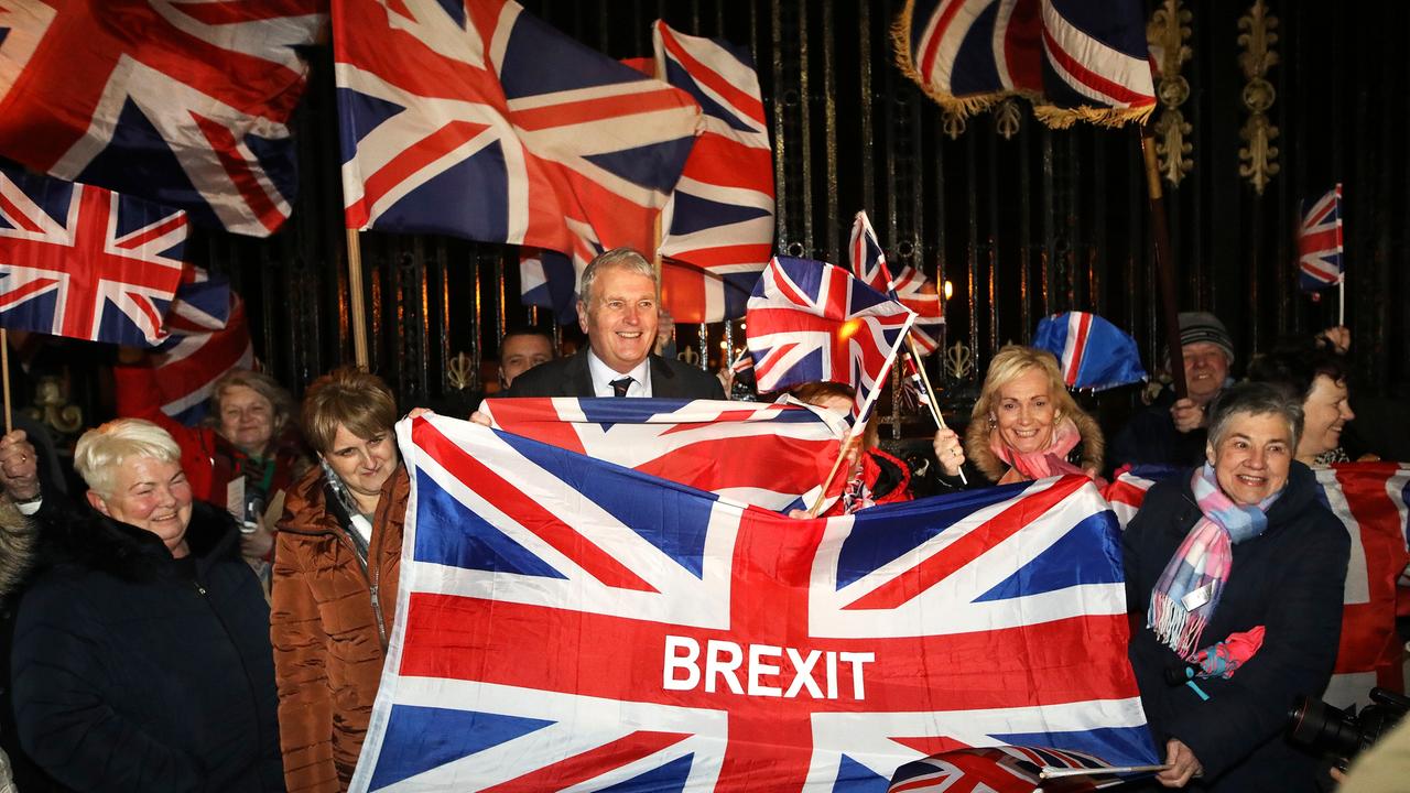 Brexit-Anhängern feiern 2020 den endgültigen Abschied Großbritanniens aus der Europäischen Union nach dem Referendum 2016 Brexit-Anhängern feiern 2020 den endgültigen Abschied Großbritanniens aus der Europäischen Union nach dem Referendum 2016