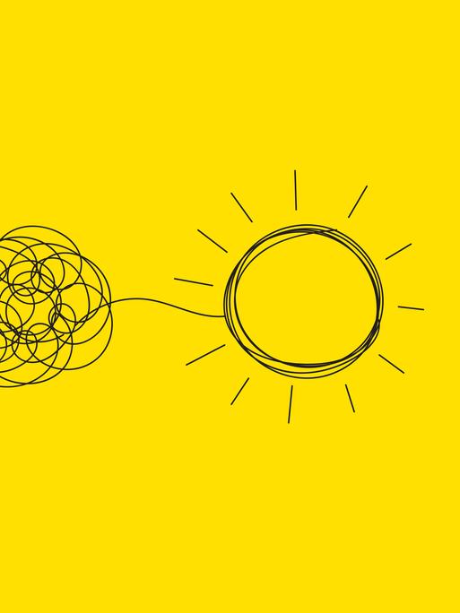 Auf einem gelben Hintergrund ist eine schwarze Strichzeichnung abgebildet. Sie zeigt ein verworrenes Knäuel auf der linken Seite, das sich auf der rechten Seite zu einer Sonne entwirrt.