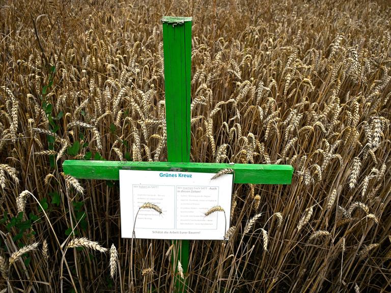 Ein grünes Kreuz in einem Weizenfeld. An dem Kreuz hängt ein Zettel, auf dem auf die Situation deutscher Landwirte hingewiesen wird. 