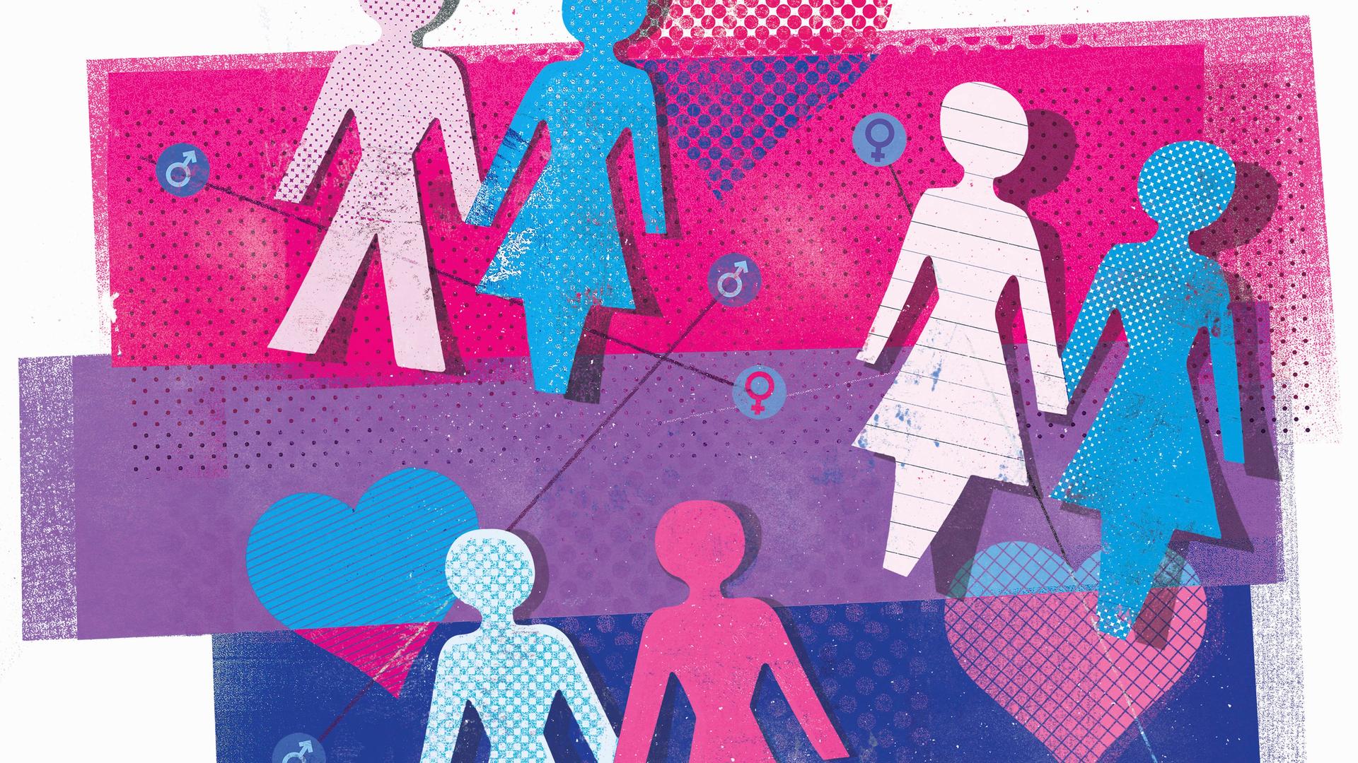 Illustration die wie eine Papiercollage wirkt. Darauf unterschiedliche Paare mit unterschiedlicher sexueller Orientierung in blau, pink, rosa und lila.