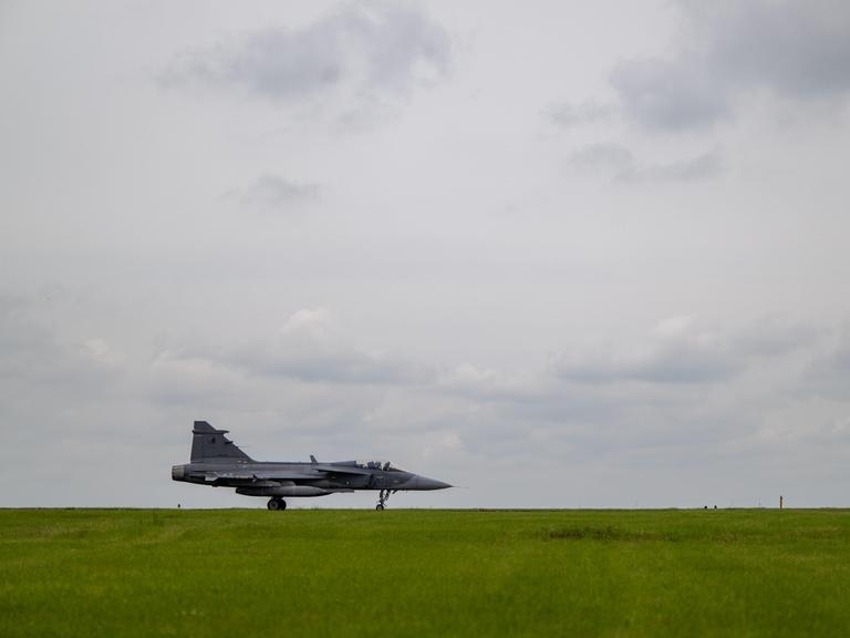 Kampfjet aus Tschechien steht in Island auf einer grünen Wiese vor bewölktem Himmel.