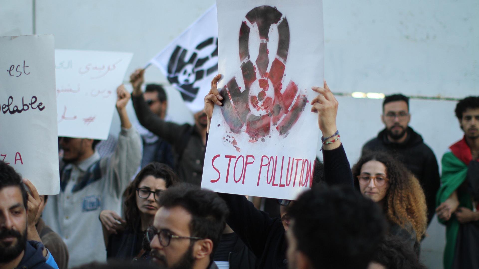 Ein Demonstrant hält ein Schild mit der Aufschrift "Stop Pollution".