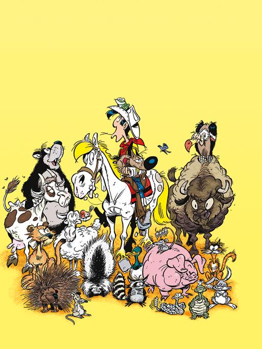 Eine Comic-Figur, der Cowboy Lucky Luke, sitzt auf seinem weißen Pferd. Er ist umringt von vielen Tieren, darunter Büffel, Bär, Hund und Kuh. Der Bildhintergrund ist gelb.