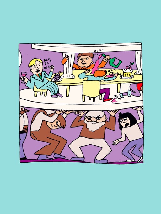 Zeichnung von Liv Strömquist: Pyramide: Unten knechten die Arbeiter*innen, oben ein Festgelage für die, die es geschafft haben.