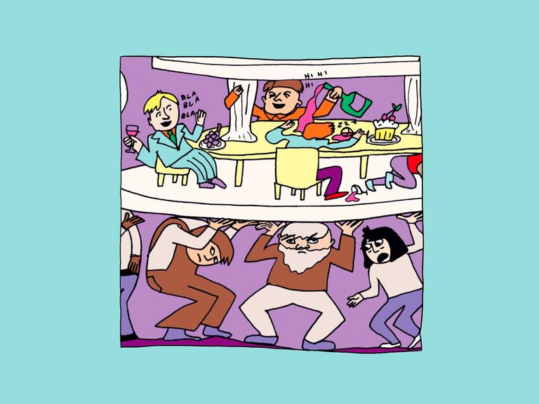 Zeichnung von Liv Strömquist: Pyramide: Unten knechten die Arbeiter*innen, oben ein Festgelage für die, die es geschafft haben.