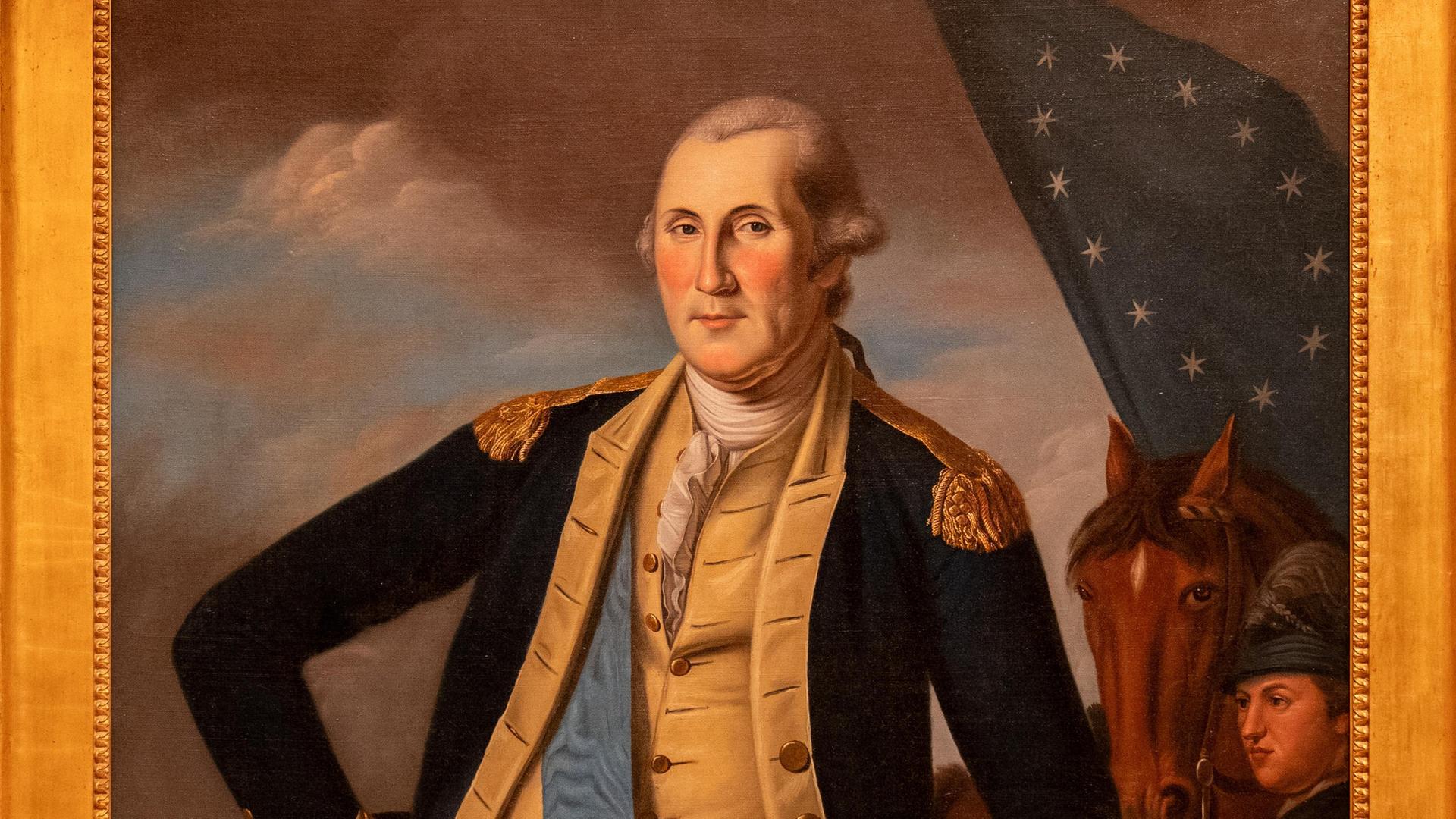 Zu sehen ist ein gemaltes Porträt von George Washington. Das Bild hängt in einem Goldrahmen an einer hellbraunen Wand. In der Darstellung stützt sich Washington mit dem linken Arm auf ein Kanonenrohr auf




