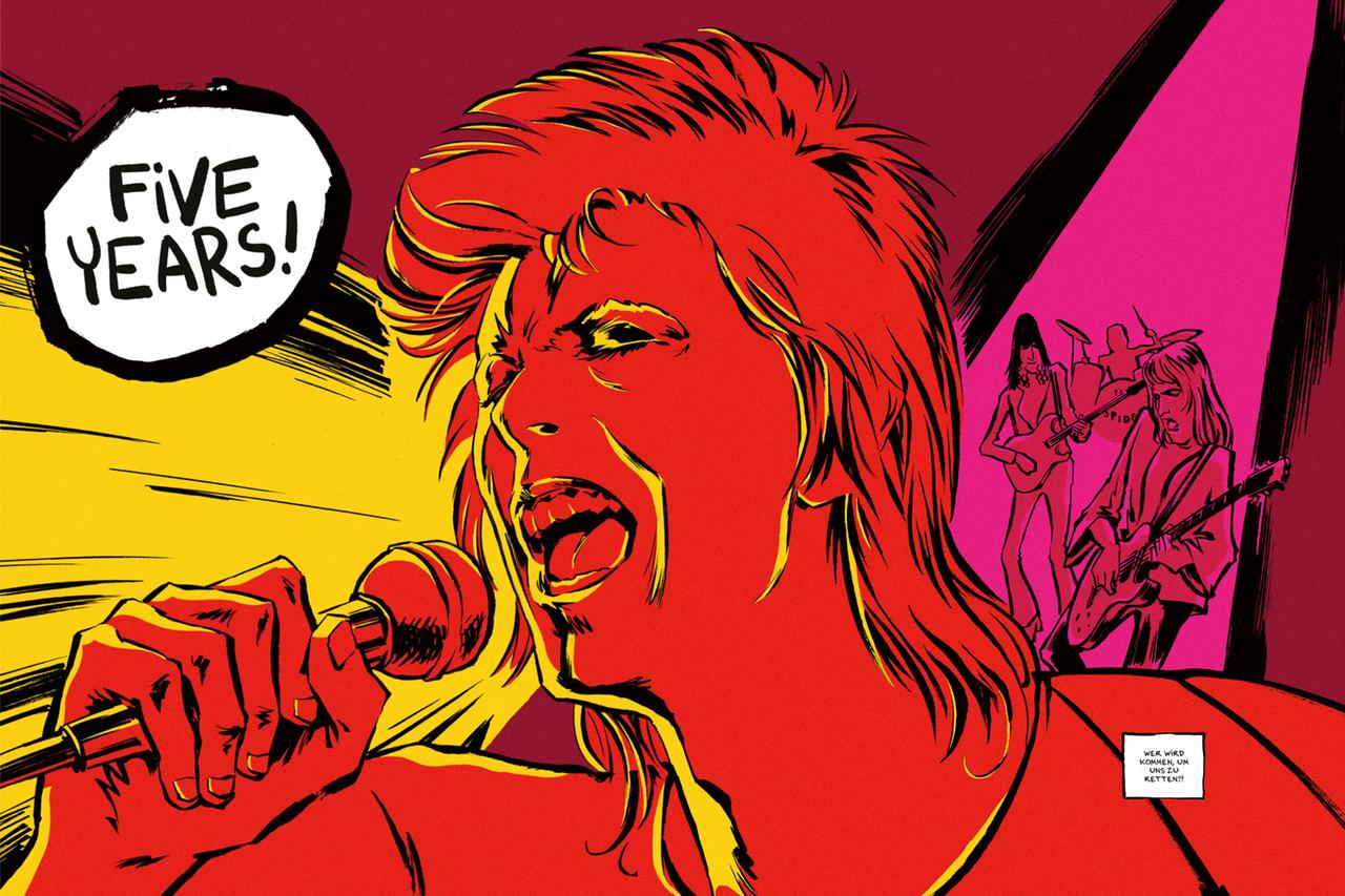 Eine Comic-Version von David Bowie singt die Worte "Five Years".