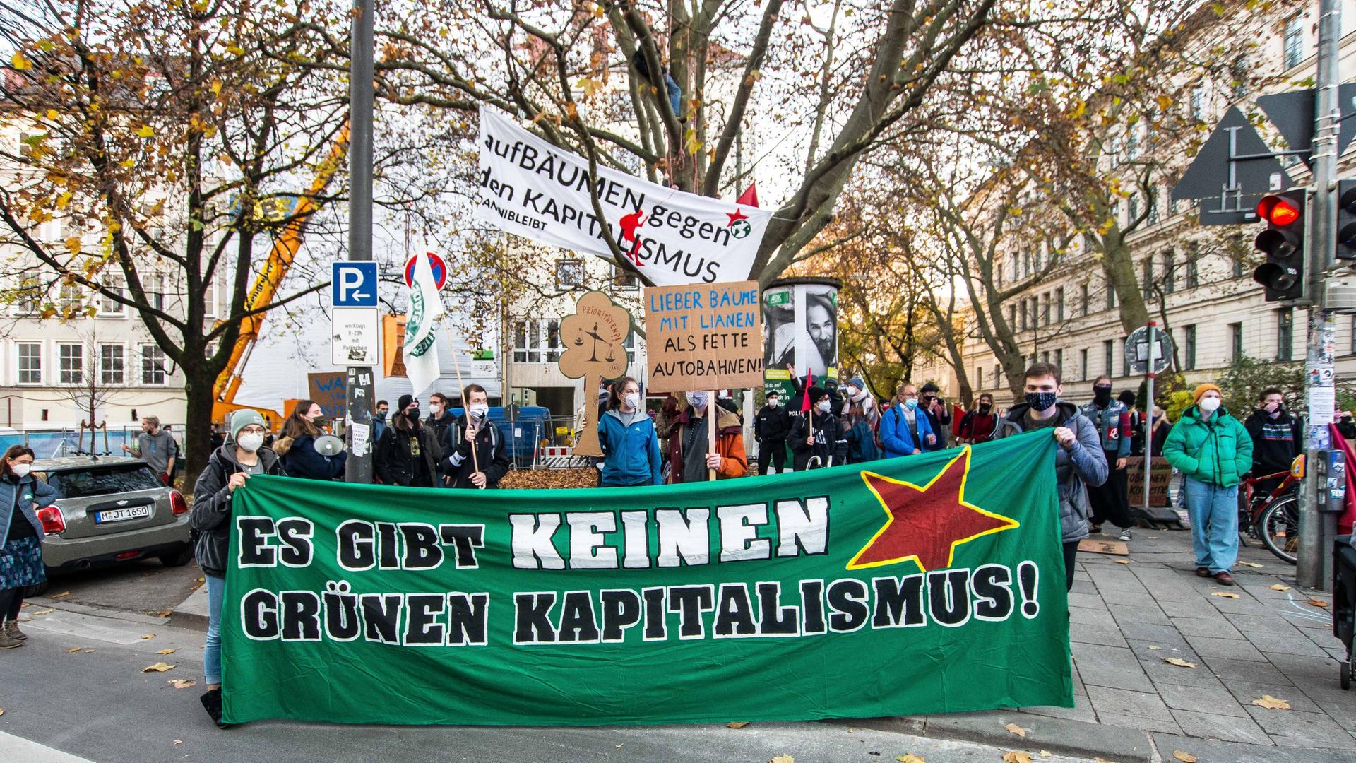 Junge Menschen halten Plakat mit der Aufschrift "Es gibt keinen grünen Kapitalismus" bei einer Demonstration. 
